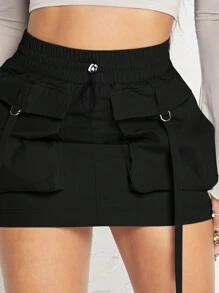 Denimoi Cargo Strap Pocket Drawstring Skirt For Summer - Black - View 3
