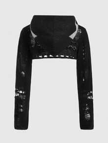 ROMWE Grunge Punk 女士切割開衩連帽短版毛衣 - 黑色 - 查看 4