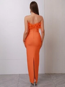 Modphy Váy dạ hội tiệc cưới nữ thanh lịch quyến rũ không tay trễ vai hở lưng dáng dài đính lông giả - trái cam - Xem 2