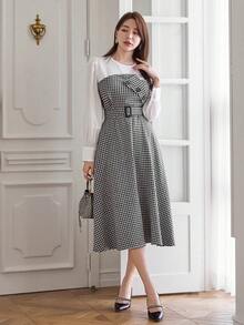 DAZY Women's Round Neck Plaid Patchwork Buttoned Dress - Black - View 7