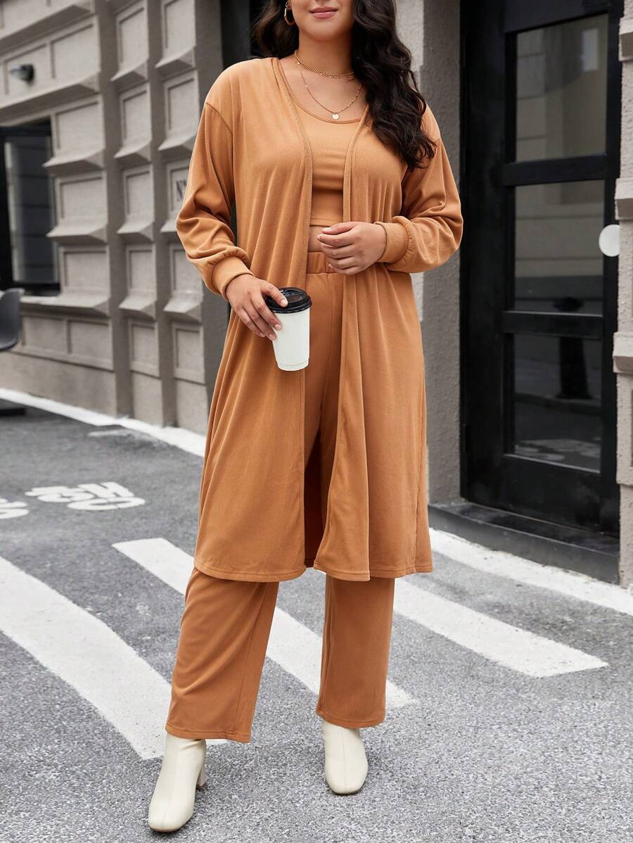 Flirla Conjunto Feminino De Três Peças De Cor Sólida De Tamanho Grande - Caqui - Ver 1