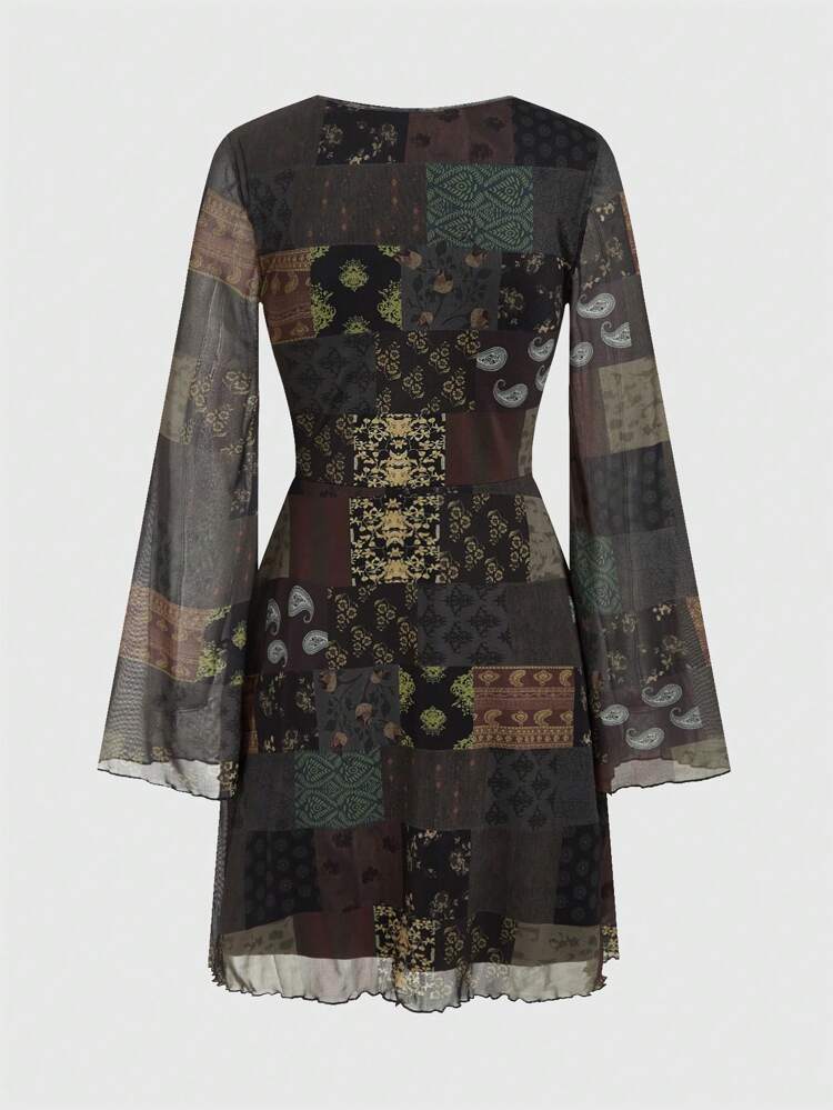 Women's Paisley Print Patchwork Lace Detailed V-neck Dress