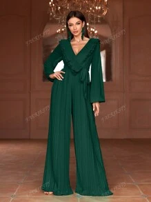 Faeriesty Long-Sleeve Chiffon Wide-Leg Jumpsuit With Ruffled V-Neck & Removable Waist Belt – Spring/Summer Pleated Fabric Design For Garden Parties & Elegant Gatherings (Bold Embellished Silhouette, Versatile Daytime Elegance)