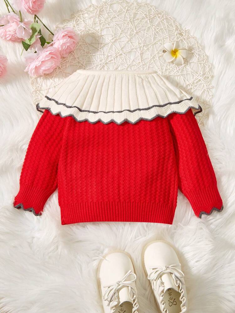 Baby Girls' Color Block Cardigan With Large Lapel And Scalloped Hem