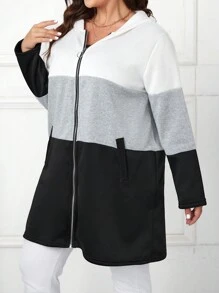 SHEIN LUNE 女裝大尺碼色塊拉鍊前方帽子外套 - 彩色 - 查看 7