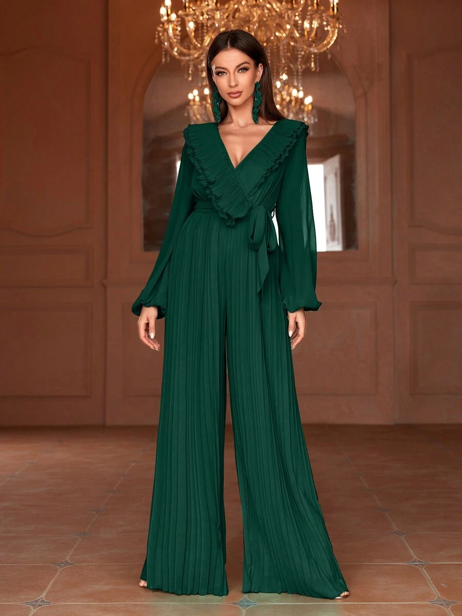 Faeriesty Long-Sleeve Chiffon Wide-Leg Jumpsuit With Ruffled V-Neck & Removable Waist Belt – Spring/Summer Pleated Fabric Design For Garden Parties & Elegant Gatherings (Bold Embellished Silhouette, Versatile Daytime Elegance)