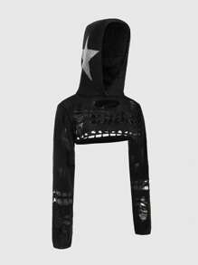 ROMWE Grunge Punk 女士切割開衩連帽短版毛衣 - 黑色 - 查看 2