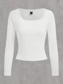 SHEIN EZwear Autumn And Winter White Lace Trim Scoop Neck Wide Ribbed Knitting Slim Fit Long Sleeves Crop Top - White - View 3