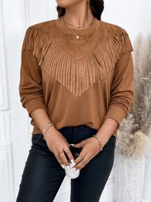 Calvaya 大尺寸純色流蘇連帽衫 - 棕色 - 查看 5