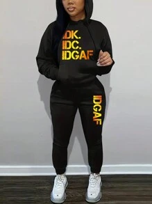 INAWLY 女士簡約印花2件套裝 - 黑色 - 查看 1