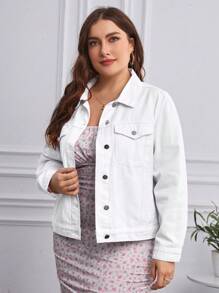 SHEIN Privé Plus Size Women's White Denim Jacket - White - View 3