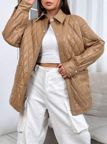 SHEIN LUNE 女士菱形格子加厚棉服外套冬季带口袋落肩秋季加厚外套 - 駝色 - 查看 3