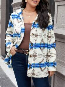 SHEIN Franclia Plus Size Geometric Printed Hooded Jacket - Blue - View 3