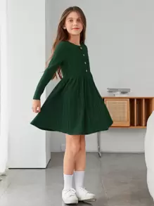 SHEIN Tween Girl Knitted Ribbed Button Detail A-Line Dress