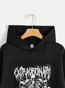 SHEIN Teenage Boys' Casual Comfortable Hooded Sweatshirt And Knitted Shorts Set With Printed Pattern - Black - View 3