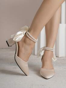2025秋冬季米色镂空踝带珍珠链尖头高跟鞋，饰有蝴蝶结，时尚百搭，优雅女士高跟鞋，适合婚礼穿着 - 米色 - 查看 3