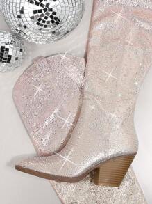 SHUZIA Bestseller Women's Bling Gradient Rhinestone Pink Multi OTK Cowboy Boots:Tayler Swit Inspired,Eye-Catching Luxury,Princess Styles - Beige - View 2