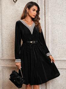 SHEIN Clasi Women's Lace Patchwork Collar Detail Pleated Dress