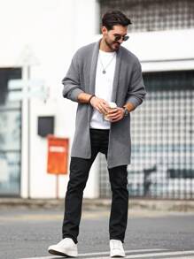 Manfinity Homme Nam Màu thuần Thả vai Mặt trước Mở Áo len Mở Áo len - Xám - Xem 6