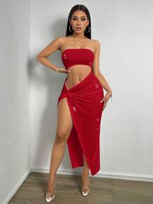 VaVaBold 女士高开衩镂空无肩带连衣裙，新年服装，长款女装 - 紅色 - 查看 5