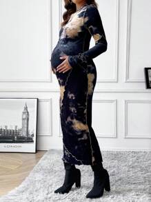 SHEIN 孕婦圓領印染長袖修身連身裙 - 黑色 - 查看 3