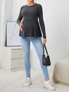 SHEIN Maternidad Camiseta unicolor peplum tejido de canalé - Gris Oscuro - Ver 3