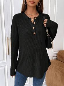 SHEIN Maternity Button Front Half Placket Long Sleeve T-shirt - Black - View 3