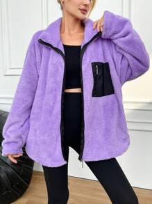 RueChic Của phụ nữ Khối màu Sang trọng Áo khoác Với Túi - Màu tím - Xem 3