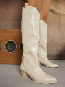 SHUZIA Point Toe Embroidery Knee-high Boots - Beige - View 3