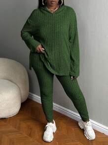 Slaydiva 大尺碼套裝（v 領羅紋上衣和褲子） - 橄欖綠 - 查看 5