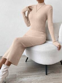 Chiquease Mock Neck Ribbed Knit Bodycon Sweater Dress - Apricot - View 6