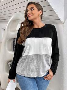 SHEIN Essnce Kích thước lớn Của phụ nữ Màu sắc Chặn Vòng cổ Tay áo dài Áo thun - Nhiều màu - Xem 6