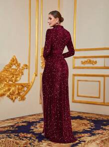 Cut Out Split Thigh Sequin Prom Dress - Burgundy - View 2