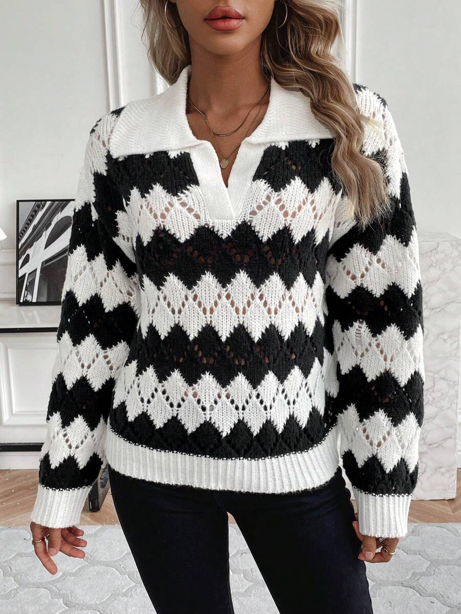 SHEIN LUNE Contrast Lapel Pullover Sweater Knit Pullover Fall Winter Outfit - Multicolor - View 1