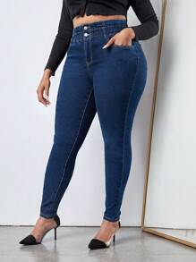 SHEIN SXY 大尺碼修身牛仔褲 - 深色水洗藍 - 查看 4