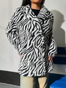 SHEIN Unity 女用毛絨斑馬紋外套 - 黑與白 - 查看 3