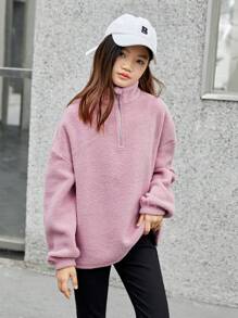 SHEIN Moletom feminino Tween com estampa floral e meia carcela com zíper e ombro caído