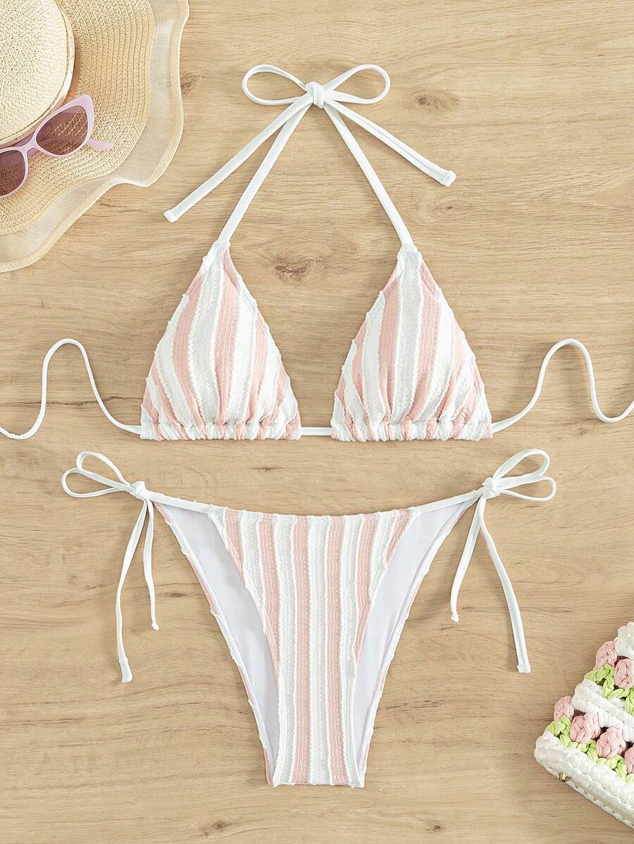 SHEIN Swim Summer Women's Striped Halter Neck Separate Two-Piece Set - Pink - View 1