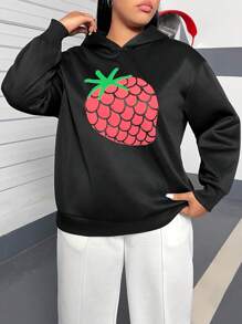 Flirla Áo nỉ nữ cỡ lớn in hình dâu tây, kiểu áo nỉ mùa thu. - màu đen - Xem 4