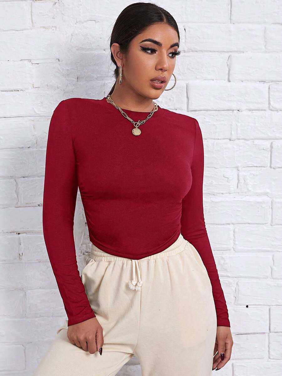 SHEIN Essnce 女士純色t恤 - 玫瑰紅 - 查看 1