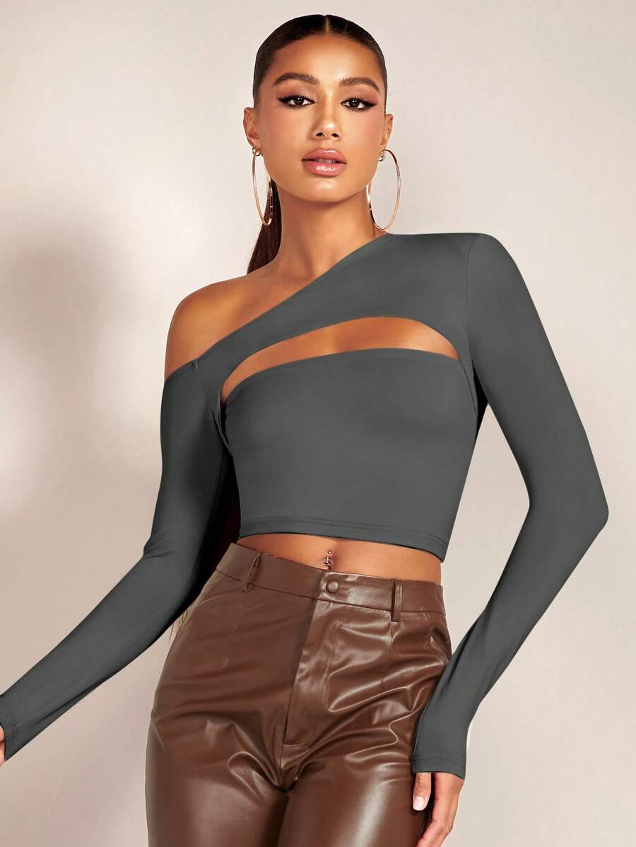 SHEIN BAE Của phụ nữ Không đối xứng Đường viền cổ áo Xu hướng: Cắt giảm Thon gọn Áo thun - Màu xám đen - Xem 1