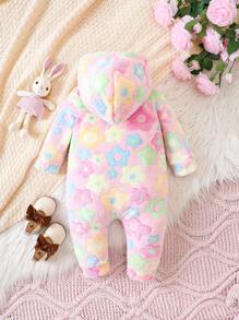 SHEIN Baby Girls' Valentine's Day Heart Pattern Hooded Fleece Jumpsuit