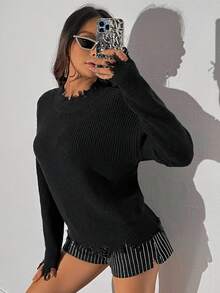 SHEIN Unity Drop Shoulder Raw Trim Sweater - Black - View 6