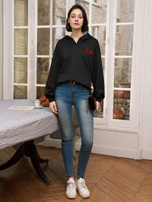 SHEIN Frenchy 字母印花帽衫 - 黑色 - 查看 3