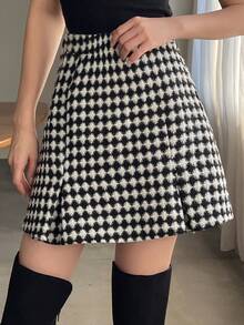 FRIFUL 女式格子圖案開衩裙 - 黑與白 - 查看 7