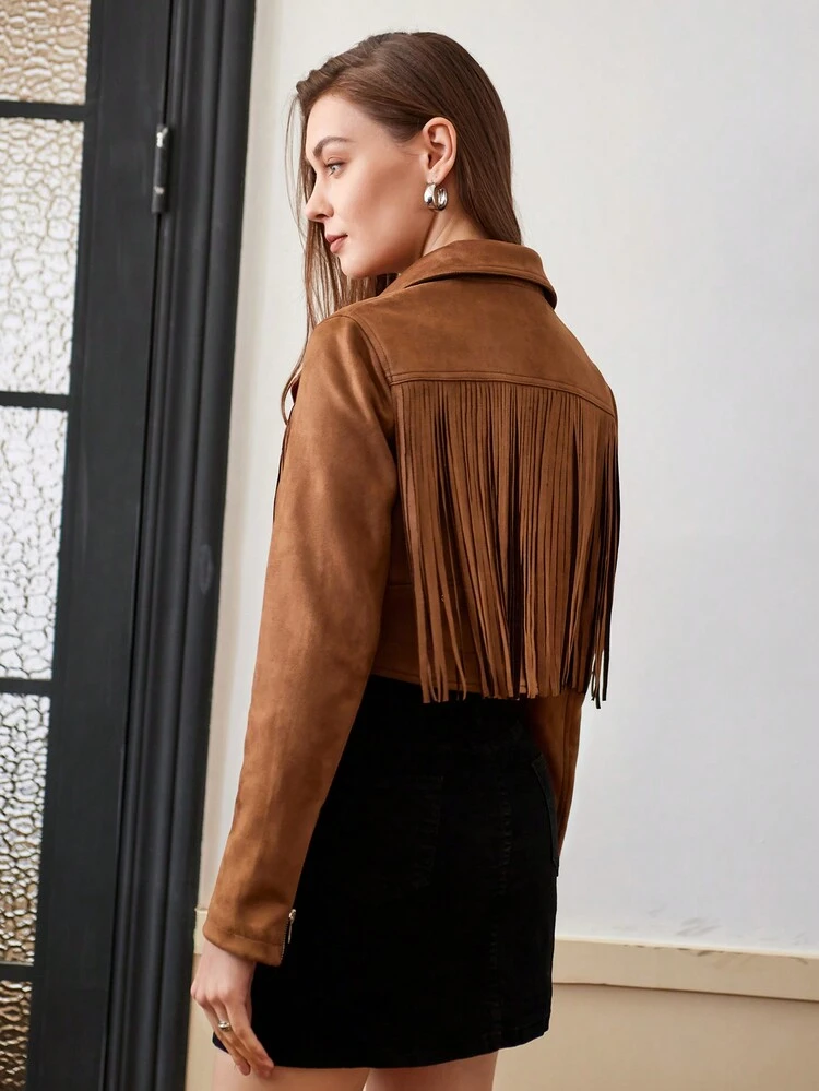 Women's Suede Fringe Trim Cropped Jacket