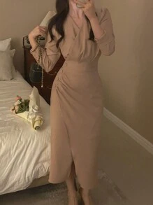 DAZY Women's Wrap Neck Puff Sleeve Dress,Fall Dress - Khaki - View 1