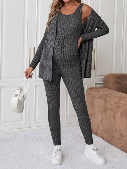 SHEIN Maternity Solid Color Ribbed Belted Jumpsuit And Long Sleeve Cardigan Two-Piece Set