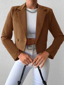 SHEIN Cottnline Double Breasted Lapel Suit Jacket - Brown - View 4