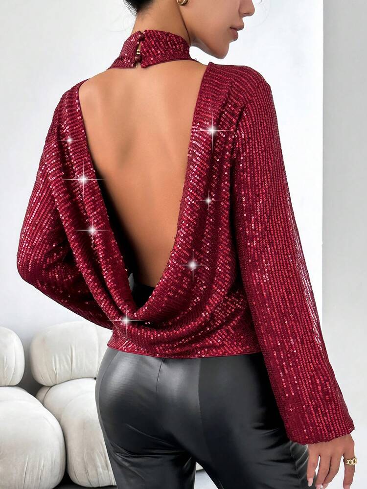 Women's Sequin Stand Collar Open Back Blouse